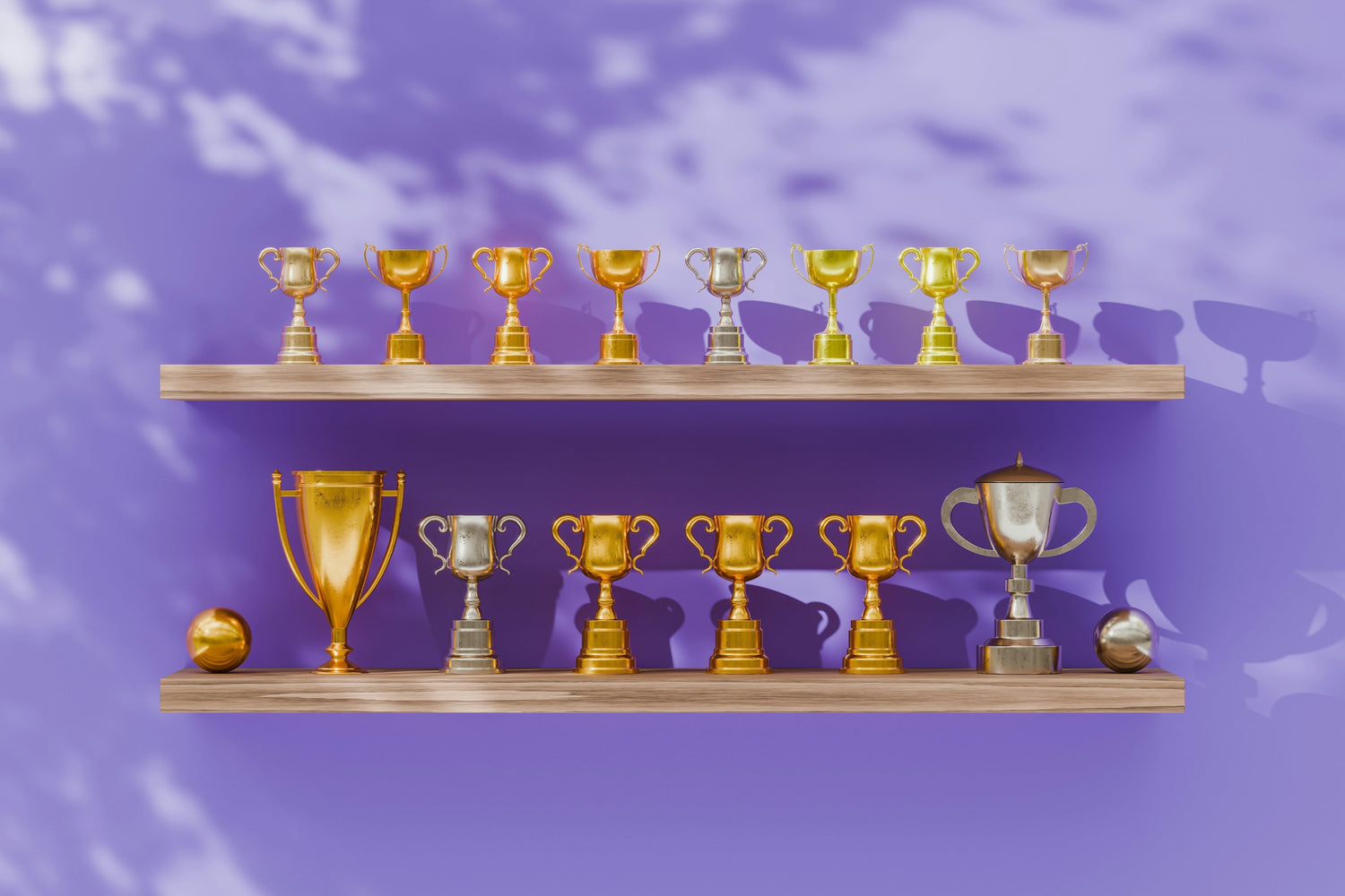 awards displayed on shelves on a wall