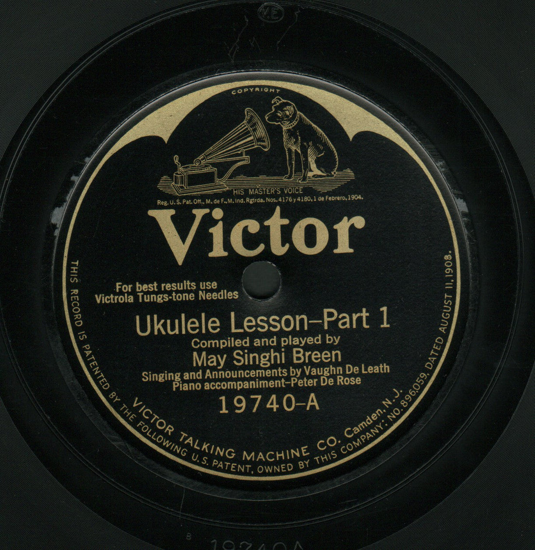 78 rpm ukulele lesson record in black by Victor