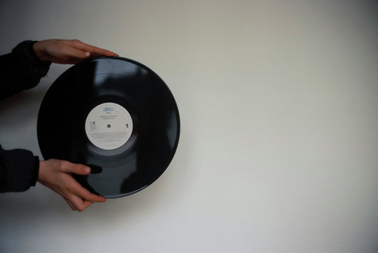 vinyl record in hands against wall