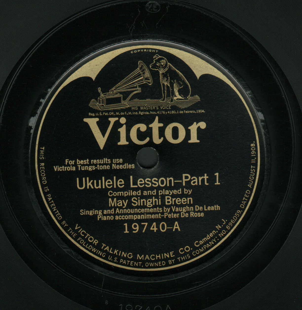 78 rpm ukulele lesson record in black by Victor 