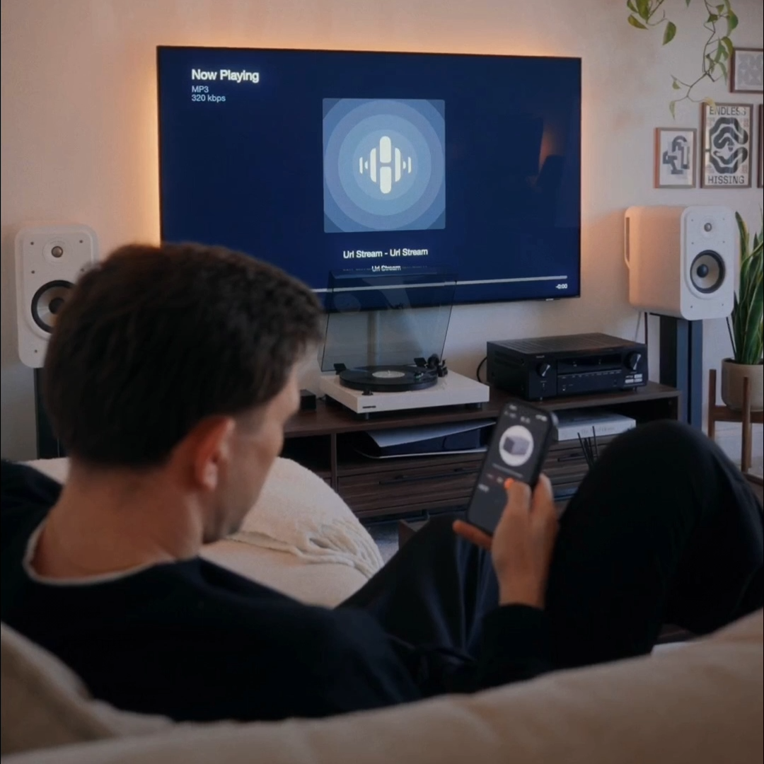 Listener on the couch using the A2D2 app to stream a record through TV and speakers