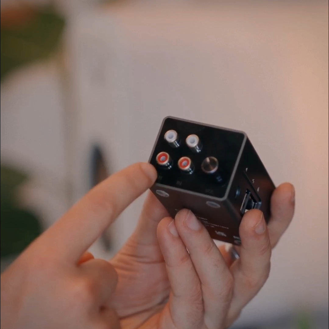 Close-up of the A2D2 Stream showing the RCA inputs on its compact aluminium housing